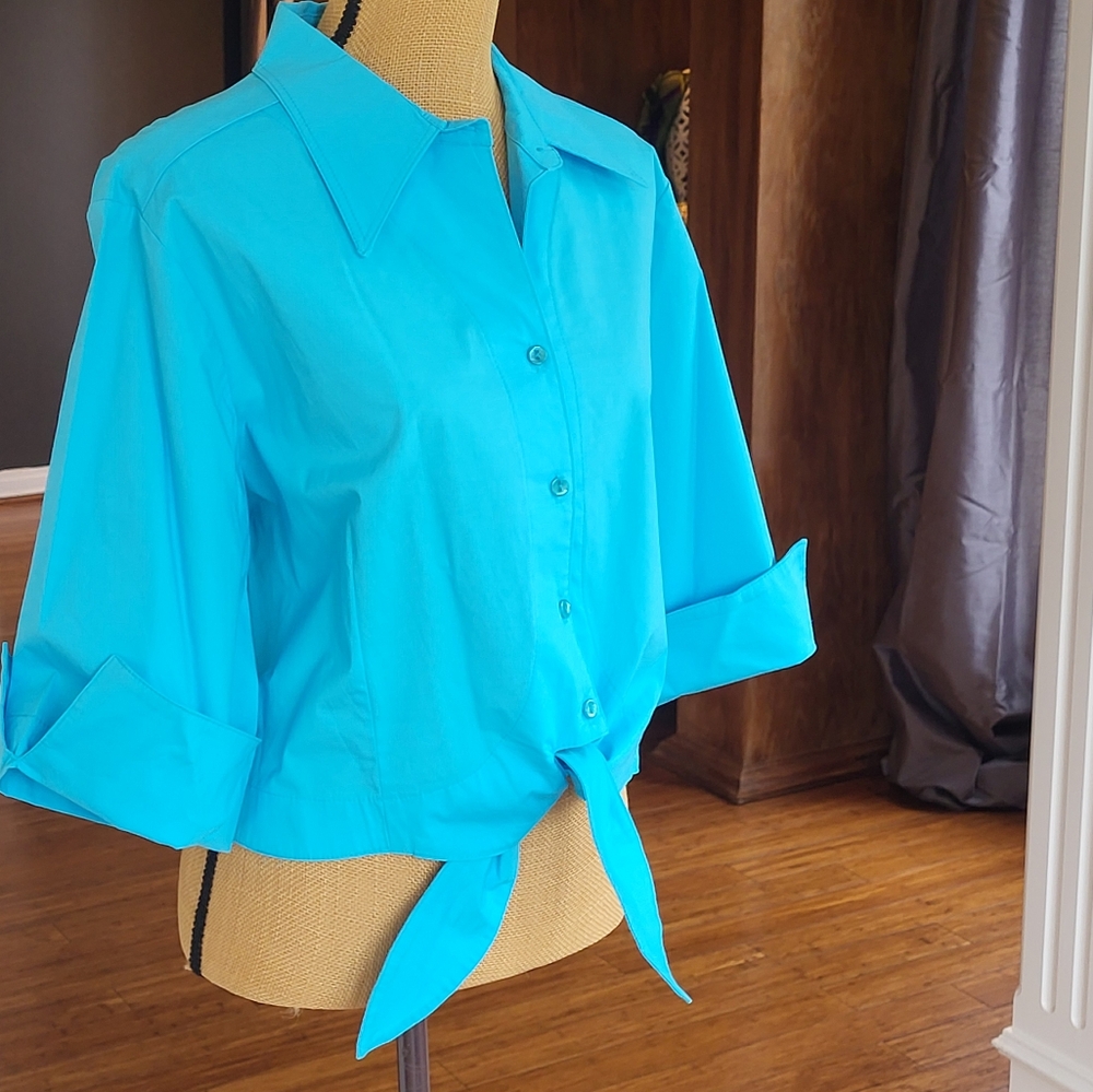Cactus Flower Large Blue Cotton Tie Waist Top - Picture 7 of 8
